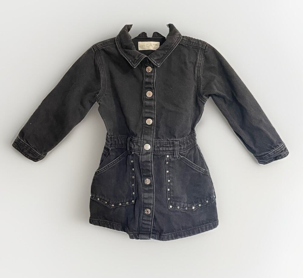 Zara Kids Black Denim Studded Snap Front Dress Size 4 Girls Moto Biker Casual